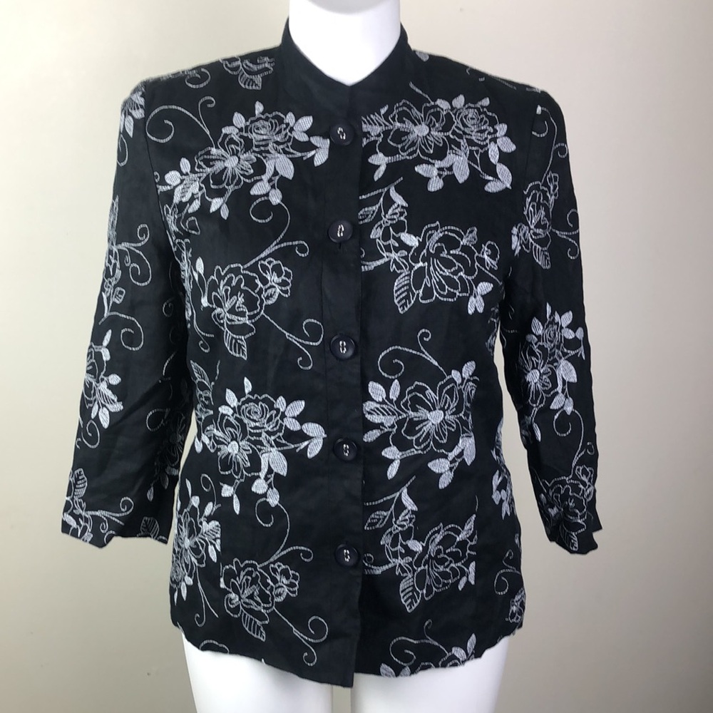 JM Collection Embroidered Linen Jacket Black White Floral - Picture 2 of 8